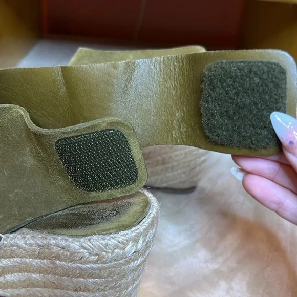 CELINE Paris Made In Spain Suede Olive Green Jute Open Toe Wedge Espadrilles - Picture 7 of 11